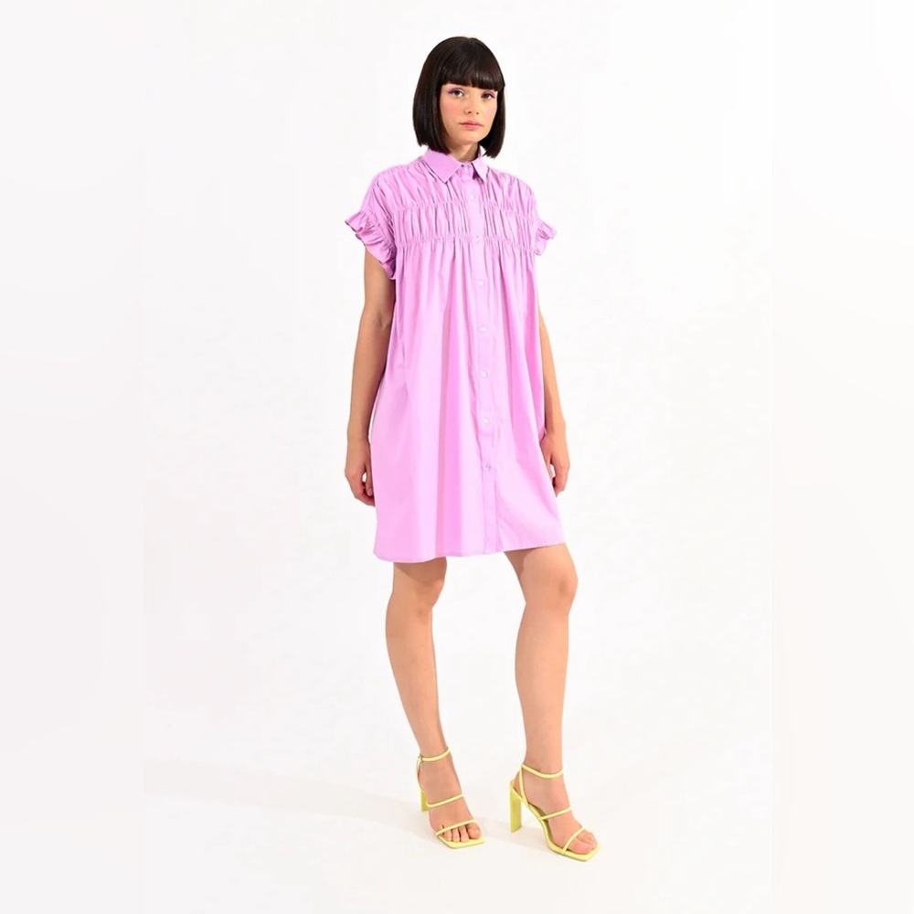Molly Bracken, Lavender Purple Gathered Bust Short Sleeve Mini Dress